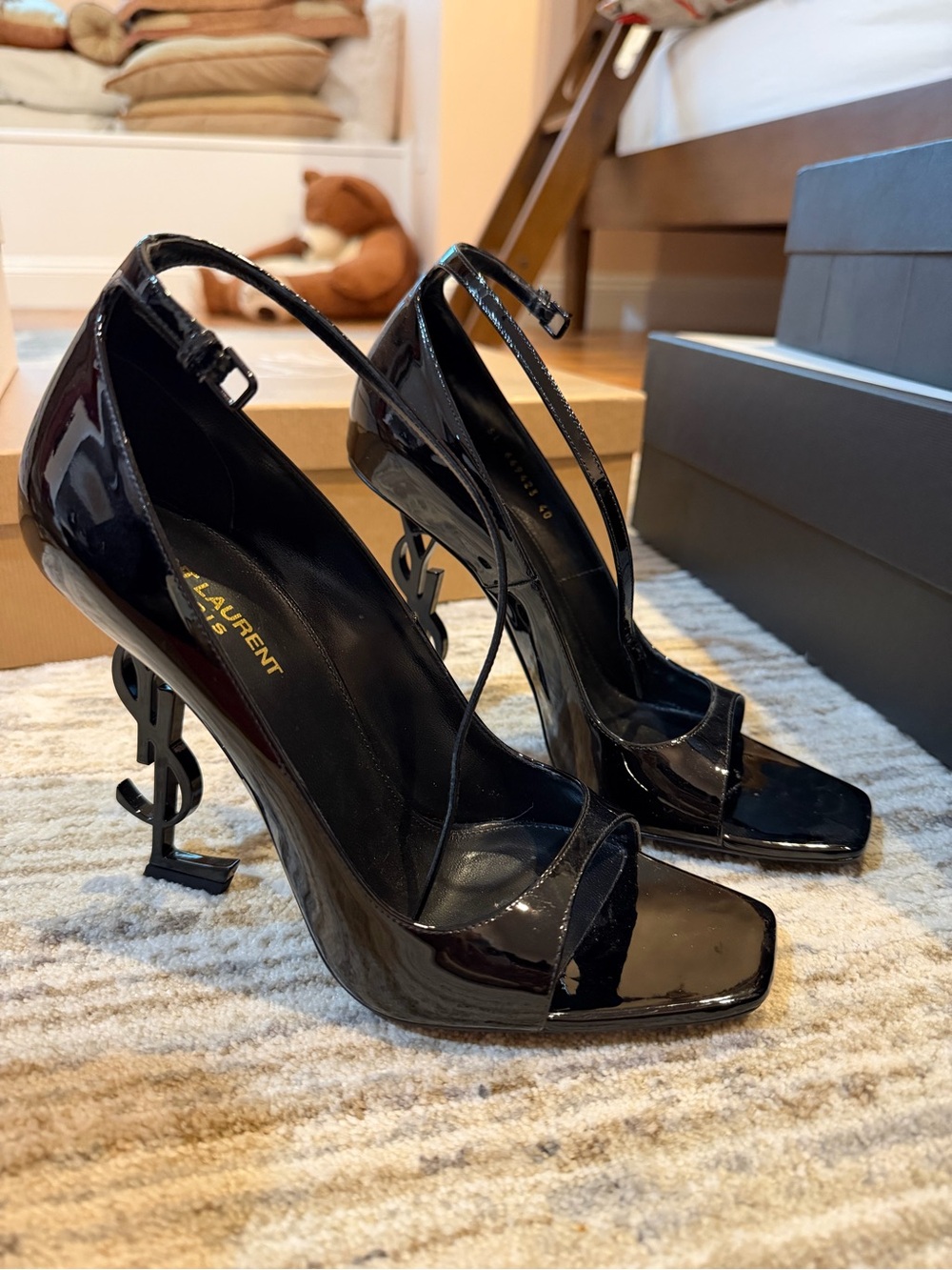 Saint Laurent Black Patent Leather Logo-Heel Sandals with Ankle Strap